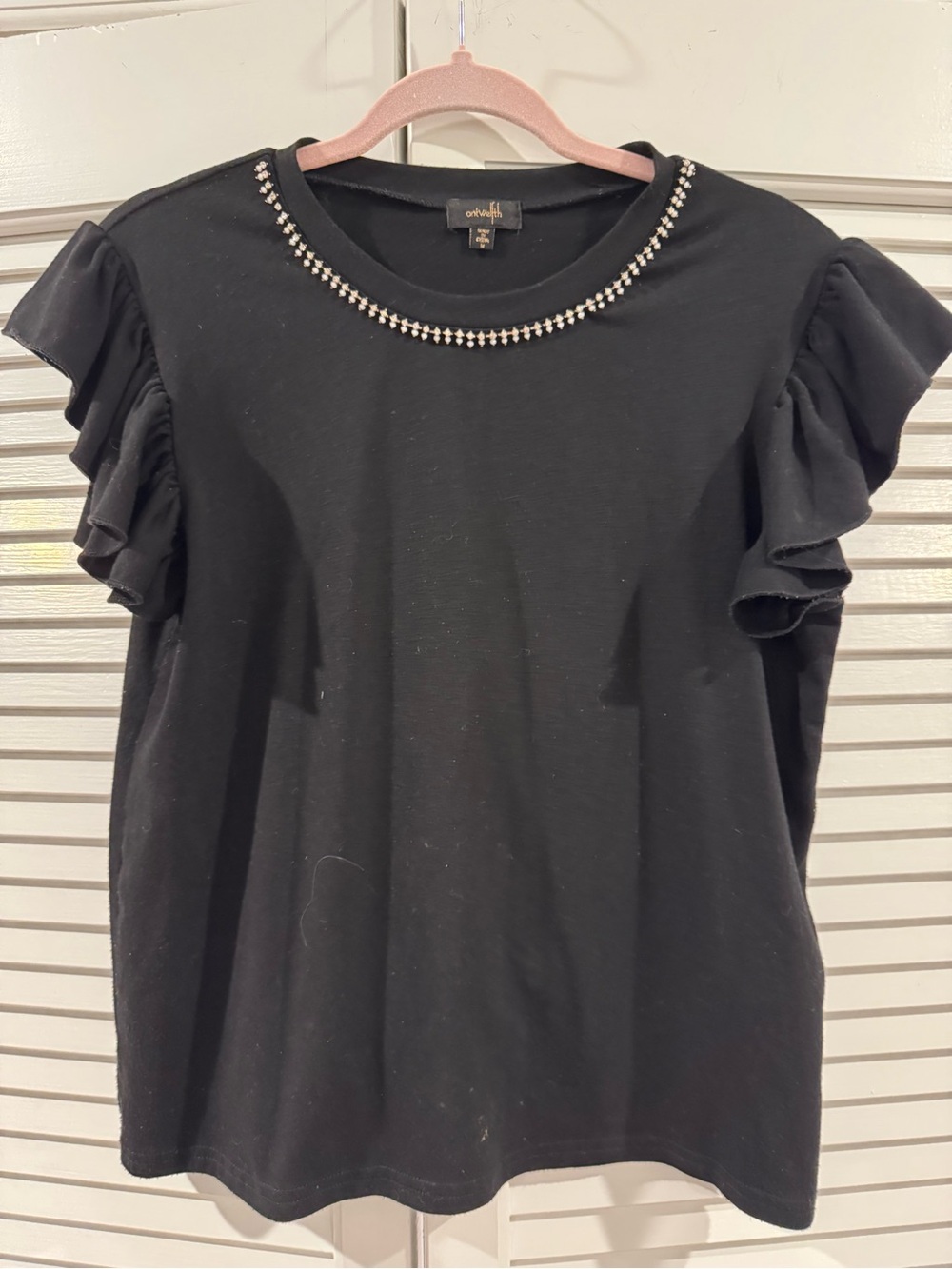 Black Ruffle Sleeve Tee with Rhinestone Collar by One Hart